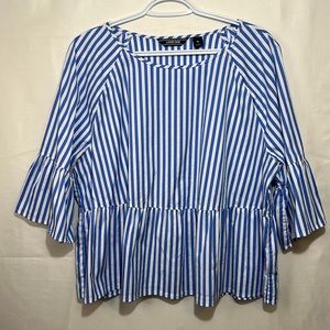 Lands End Striped BabyDoll Bell Sleeve Top Size 16 Blue & White